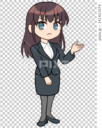 怒り顔のスーツ姿で案内する女の子のイラスト 怒り顔のスーツ姿で案内する女の子のイラスト 141421074
