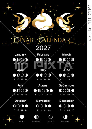 Moon calendar 2027 and Moon Phases. Lunar phases schedule and cycles, poster template design printable, wiccan style, triple goddess and snakes vector illustration isolated on black background 141421102