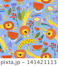 Seamless Pattern With Cute Cartoon Lions, Flowers and Watermelon 141421113