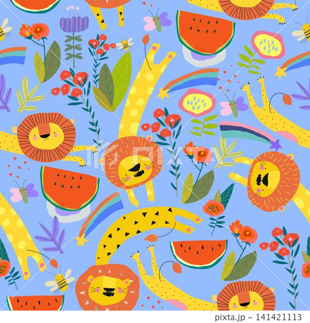 Seamless Pattern With Cute Cartoon Lions, Flowers and Watermelon Seamless Pattern With Cute Cartoon Lions, Flowers and Watermelon 141421113