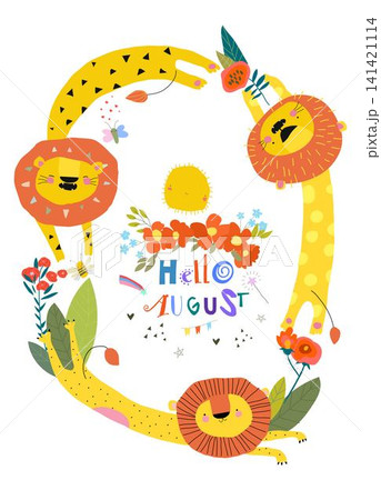 Cute Cartoon Lions With Flowers and Watermelon 141421114