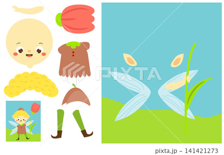 Cut and paste children educational game. Make a fairy flower elf boy with glue and scissors. DIY worksheet for kids Cut and paste children educational game. Make a fairy flower elf boy with glue and scissors. DIY worksheet for kids 141421273