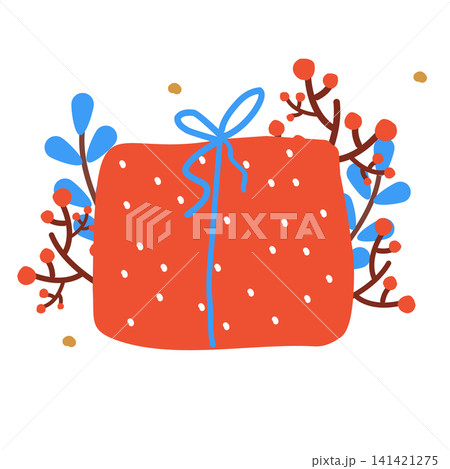 Christmas present. New Year red giftbox decorated with berries, winter branches for seasonal celebration design 141421275