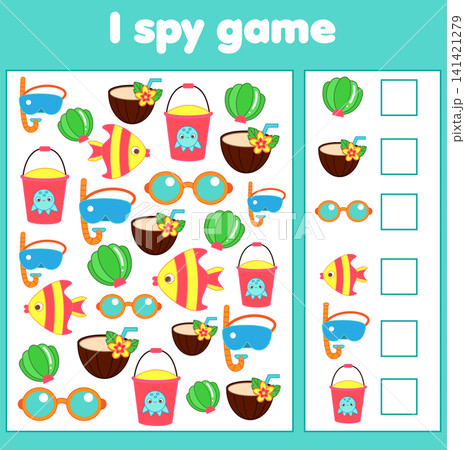 I spy game. Find and count summertime beach objects. Summer holidays activity for kids, toddlers, children 141421279