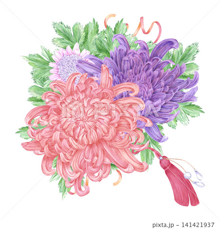Hand drawn watercolor chrysanthemums bouquet ribbons and pearls composition. Illustration isolated on white background. Can be used for postcard, label, scrapbook and other printed products 141421937