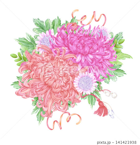 Hand drawn watercolor chrysanthemums bouquet ribbons and pearls composition. Illustration isolated on white background. Can be used for postcard, label, scrapbook and other printed products. 141421938