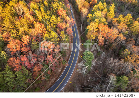 Blue Ridge Parkway at sunset in autumn. Scenic route between majestic mountain hills covered in golden and scarlet leaves Blue Ridge Parkway at sunset in autumn. Scenic route between majestic mountain hills covered in golden and scarlet leaves 141422087