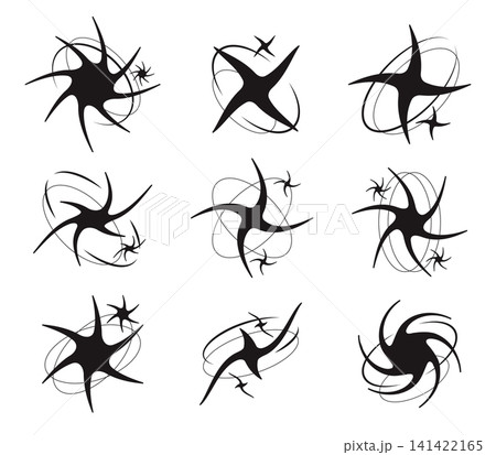 Abstract swirl stars symbols. Collection of black spiral vortex icons with dynamic curved shapes flat vector illustration set. Geometric logo design elements isolated on white background Abstract swirl stars symbols. Collection of black spiral vortex icons with dynamic curved shapes flat vector illustration set. Geometric logo design elements isolated on white background 141422165