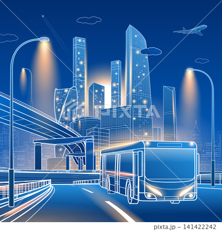 Modern city bus traveling beneath an elevated highway with illuminated skyscrapers in a contemporary business district. Blue outline vector illustration of urban transportation and smart city infrastr Modern city bus traveling beneath an elevated highway with illuminated skyscrapers in a contemporary business district. Blue outline vector illustration of urban transportation and smart city infrastr 141422242