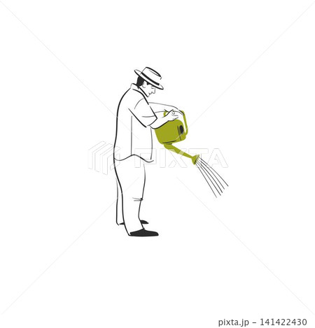 Hand drawn vector graphic sketch line illustration with male is watering with a watering can .Gardening concept vector graphic illustration line art. Cute garden person drawing,isolated. 141422430
