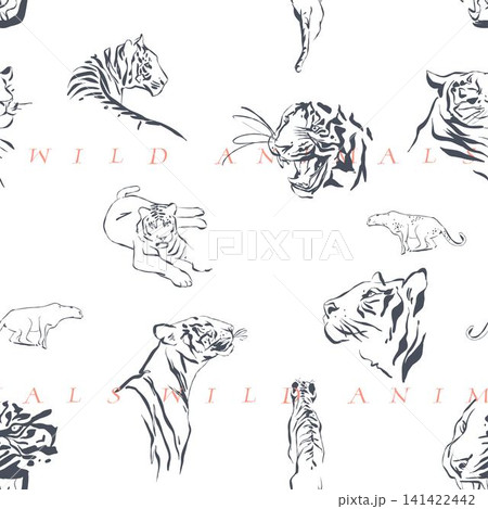 Hand drawn vector graphic line art seamless pattern with sketch tigers and wild animals .Vector illustration of exotic nature outline pattern line style. Drawing line art wildlife nature pattern. 141422442