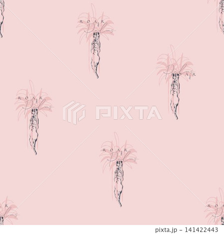 Hand drawn vector graphic line art seamless pattern with sketch tigers and wild animals .Vector illustration of exotic nature outline pattern line style. Drawing line art wildlife nature pattern. Hand drawn vector graphic line art seamless pattern with sketch tigers and wild animals .Vector illustration of exotic nature outline pattern line style. Drawing line art wildlife nature pattern. 141422443