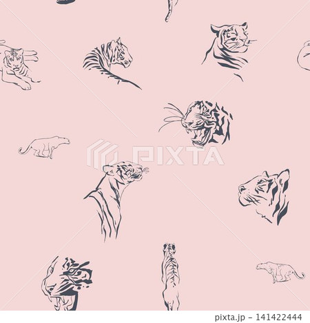 Hand drawn vector graphic line art seamless pattern with sketch tigers and wild animals .Vector illustration of exotic nature outline pattern line style. Drawing line art wildlife nature pattern. 141422444