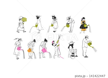 Hand drawn vector graphic sketch line illustration set with various people involved in gardening and watering .Gardening concept vector graphic illustration line art. Cute garden person drawing 141422447