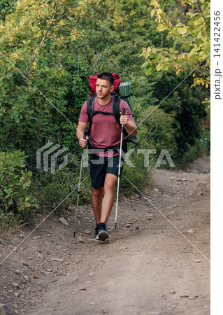 Hiker walk through forest path with backpack and trekking poles 141422456