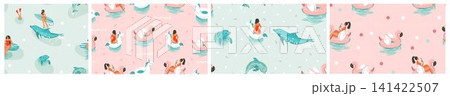 Hand drawn vector abstract stock graphic summer time cartoon, contemporary illustrations prints collection set with beach surfers group characters,flamingo floats and mermaid on color background. Hand drawn vector abstract stock graphic summer time cartoon, contemporary illustrations prints collection set with beach surfers group characters,flamingo floats and mermaid on color background. 141422507