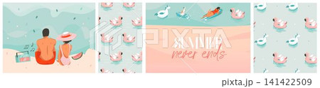 Hand drawn vector abstract stock graphic summer time cartoon,contemporary illustrations prints collection set with beach surfer group character,flamingo floats and seamless pattern on color background 141422509