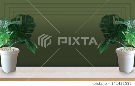 Two potted green leaf and plants in white pots are placed on the floor, one on the left and one on the right, against a green wall background featuring multiple overlapping layers. Two potted green leaf and plants in white pots are placed on the floor, one on the left and one on the right, against a green wall background featuring multiple overlapping layers. 141422553