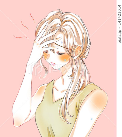 暑そうなタンクトップの女性 汗だく 頭に手 暑そうなタンクトップの女性 汗だく 頭に手 141423014