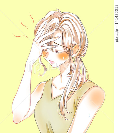 暑そうなタンクトップの女性 汗だく 頭に手 暑そうなタンクトップの女性 汗だく 頭に手 141423015