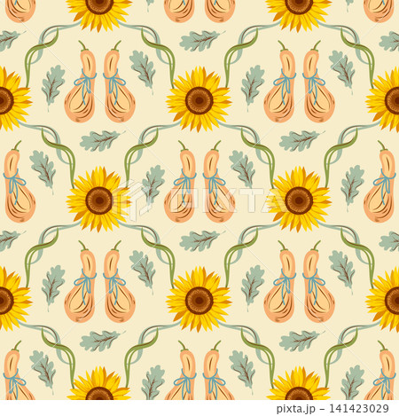 Yellow sunflower seamless pattern with butternut squash, curling ribbons and green oak leaves. Vintage decorative nostalgic countryside textile, wallpaper or background symmetrical design, vector Yellow sunflower seamless pattern with butternut squash, curling ribbons and green oak leaves. Vintage decorative nostalgic countryside textile, wallpaper or background symmetrical design, vector 141423029