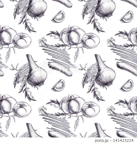 Seamless pattern with tomatoes, onion, cucumber, leaves, flowers and texture hand drawn graphite pencil sketch. Botanical Line art background for organic food packaging, fabric, kitchen textile. 141423224