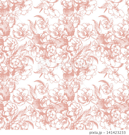 Vector sketch of a sakura. Line drawing of a blossoming hanging cherry branch. Seamless pattern with apple blossoms for wedding invitations. Delicate design for textiles, wrapping paper, and wallpaper Vector sketch of a sakura. Line drawing of a blossoming hanging cherry branch. Seamless pattern with apple blossoms for wedding invitations. Delicate design for textiles, wrapping paper, and wallpaper 141423233
