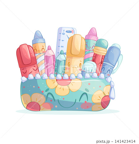 Hand-drawn cute cartoon characters. Pencil case with pen, marker, ruler, eraser. Isolated on a white background. Cartoon children's vector illustration for the design of posters, printing, textiles 141423414