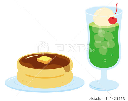 レトロ喫茶のカフェメニュー パンケーキとクリームソーダ レトロ喫茶のカフェメニュー パンケーキとクリームソーダ 141423458