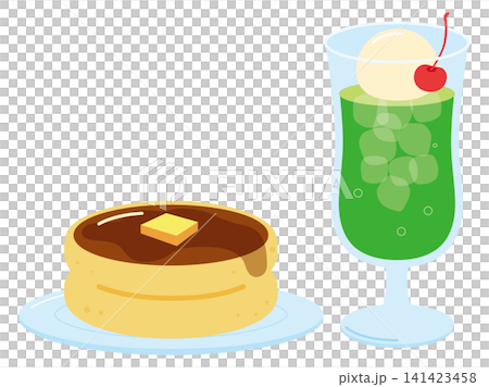 レトロ喫茶のカフェメニュー パンケーキとクリームソーダ レトロ喫茶のカフェメニュー パンケーキとクリームソーダ 141423458