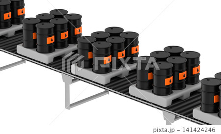 Barrels of oil are placed on pallets along a conveyor belt, 3d render Barrels of oil are placed on pallets along a conveyor belt, 3d render 141424246