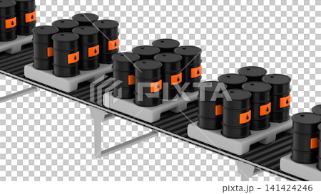 Barrels of oil are placed on pallets along a conveyor belt, 3d render Barrels of oil are placed on pallets along a conveyor belt, 3d render 141424246