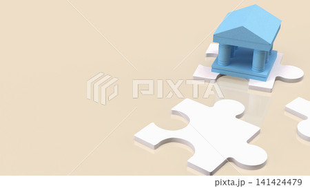 Bank Building on Jigsaw Puzzle for Financial Solutions 3d render. Bank Building on Jigsaw Puzzle for Financial Solutions 3d render. 141424479