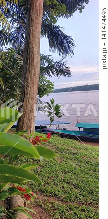 Tropical Amazon River bank with wooden boats, Peru, Amazon. Tropical Amazon River bank with wooden boats, Peru, Amazon. 141424495