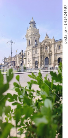 Lima's historic cathedral seen through green foliage 141424497