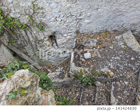 Crumbling stone steps lead down to the remains of a historic building in Alicante, Spain. Overgrown plants cover the area, showing signs of neglect and age. Crumbling stone steps lead down to the remains of a historic building in Alicante, Spain. Overgrown plants cover the area, showing signs of neglect and age. 141424830