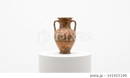 Ancient greek amphora vase artifact on white pedestal with artifact archaeology heritage traditional sculpture pedestal isolated background terracotta historical civilization interior Ancient greek amphora vase artifact on white pedestal with artifact archaeology heritage traditional sculpture pedestal isolated background terracotta historical civilization interior 141425199