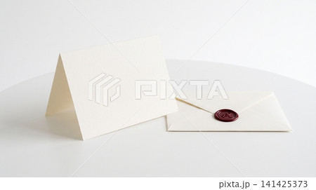 Blank folded paper greeting card and envelope with vintage red wax seal envelope stationery invitation greeting template correspondence announcement minimalist communication document 141425373
