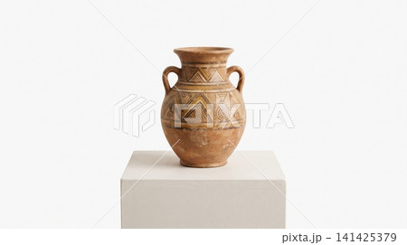 Ancient terracotta pottery vase on pedestal with terracotta pedestal cultural handmade sculpture ornament traditional heritage archaeology vintages stoneware interior decoration isolated 141425379