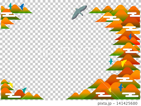 紅葉した山並みと飛ぶ鳥の自然風景-横フレーム 紅葉した山並みと飛ぶ鳥の自然風景-横フレーム 141425680