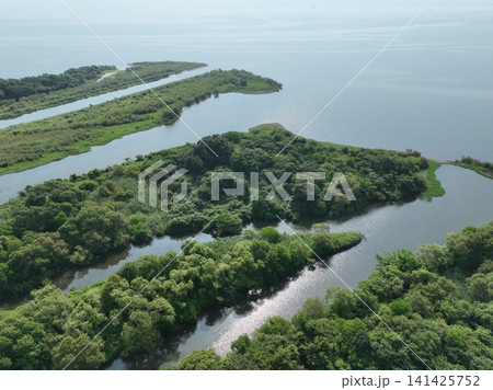 【空撮】琵琶湖へ注ぐ安曇川河口と美しい水辺風景 【空撮】琵琶湖へ注ぐ安曇川河口と美しい水辺風景 141425752