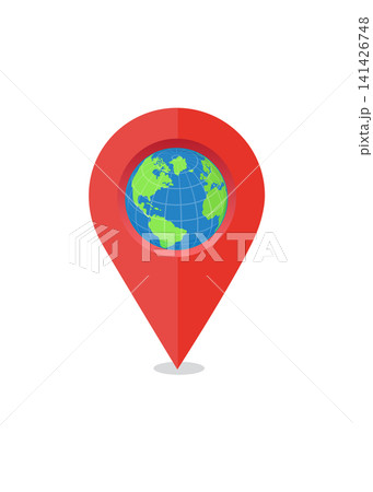 red map pin icon containing a small planet earth globe graphic inside red map pin icon containing a small planet earth globe graphic inside 141426748