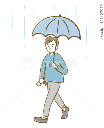 雨の日に傘をさしてエコバッグを持って歩く男性 雨の日に傘をさしてエコバッグを持って歩く男性 141427030