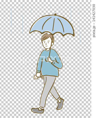 A man walking with an umbrella and an eco-bag on a rainy day. A man walking with an umbrella and an eco-bag on a rainy day. 141427030