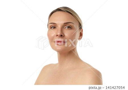 Calm woman with smooth skin and confidence, isolated on white, PNG Calm woman with smooth skin and confidence, isolated on white, PNG 141427054