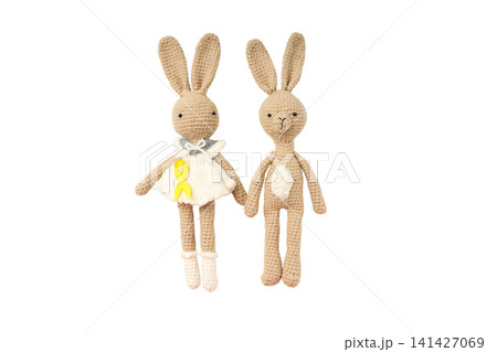 Two cute crocheted rabbit dolls, isolated on white, PNG Two cute crocheted rabbit dolls, isolated on white, PNG 141427069