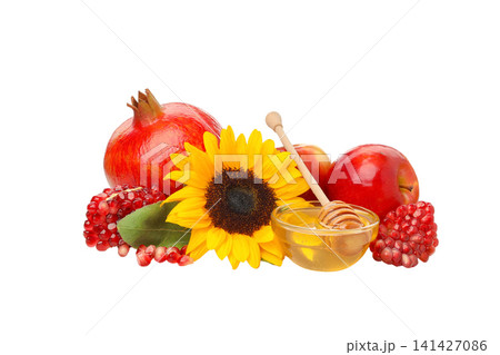 Honey, apples, pomegranates, sunflower, isolated on white, PNG Honey, apples, pomegranates, sunflower, isolated on white, PNG 141427086