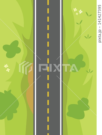 Top View Straight Asphalt Road Through Green Landscape Flat Vector Background Design Top View Straight Asphalt Road Through Green Landscape Flat Vector Background Design 141427395