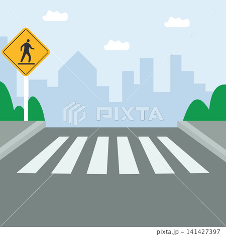 Pedestrian Crossing Sign with Zebra Crosswalk Flat Vector Urban Road Safety Illustration Pedestrian Crossing Sign with Zebra Crosswalk Flat Vector Urban Road Safety Illustration 141427397