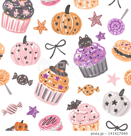 おしゃれでかわいい手書きのハロウィンスイーツの背景透過パターン おしゃれでかわいい手書きのハロウィンスイーツの背景透過パターン 141427940